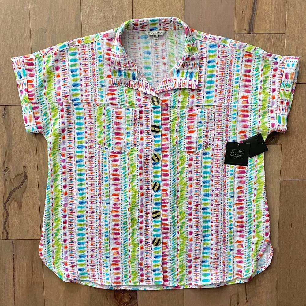 John Mark Nwt Wire Collar Multi Zebr Print Camp Shirt Petite Medium PM